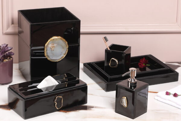 Black Lacquered Glass Bathset With Pure Agate Stone - Image 2